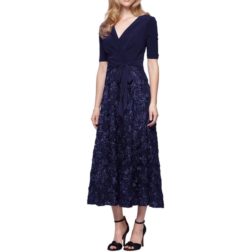 Alex Evenings Floral Rosette Skirt Surplice V-Neck Sash Tie Midi Dress Size 12